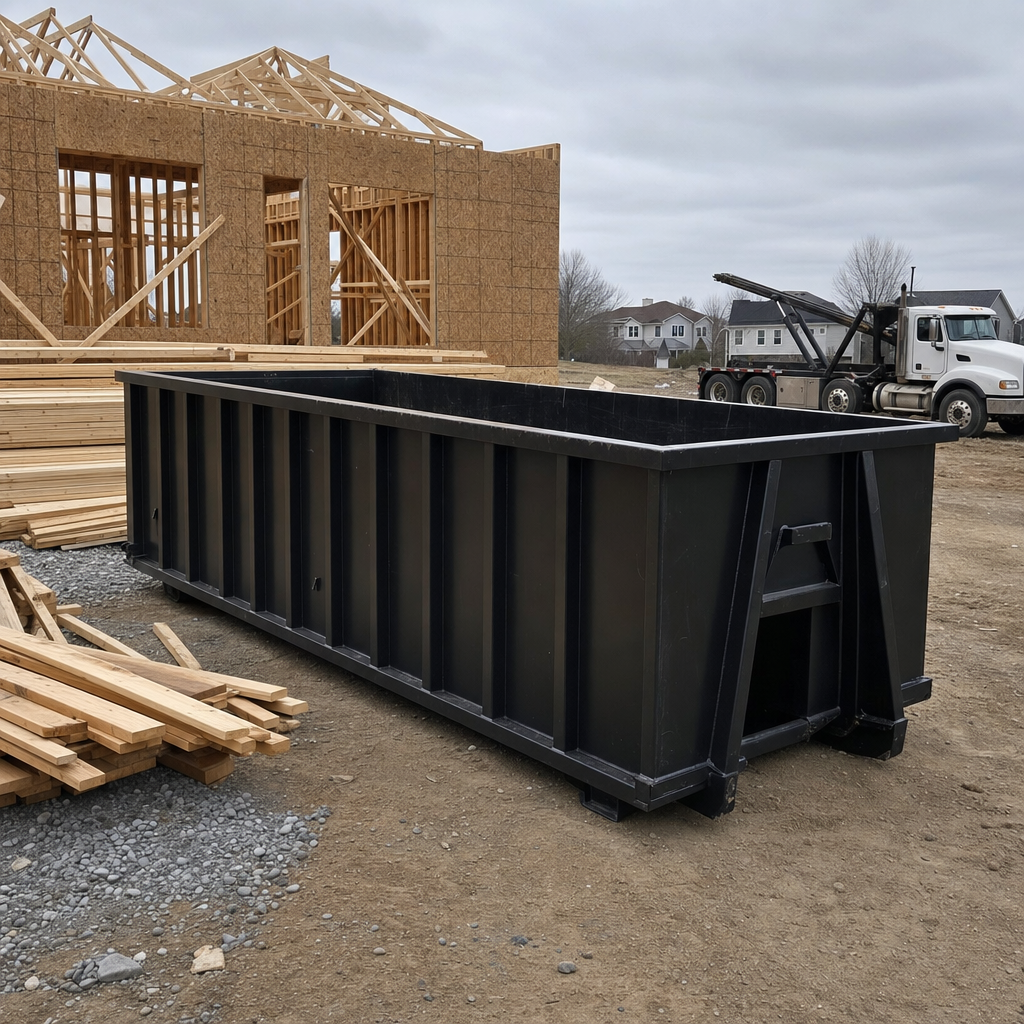 Matte-black 40-yard roll-off dumpster staged on a framed-out residential construction site in Arlington, framing lumber stacked nearby, hooklift delivery truck visible in the background under bright Colorado daylight