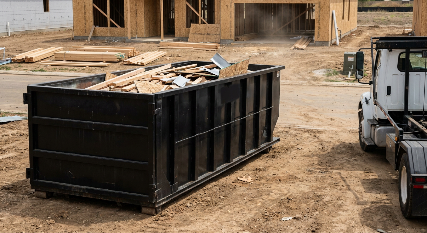 Matte-black 20-yard roll-off construction dumpster with heavy ribbed steel sidewalls and swing rear doors at a working jobsite in Arlington, sitting directly on compacted dirt with an unmarked white hauler partially visible at the far edge of the frame.