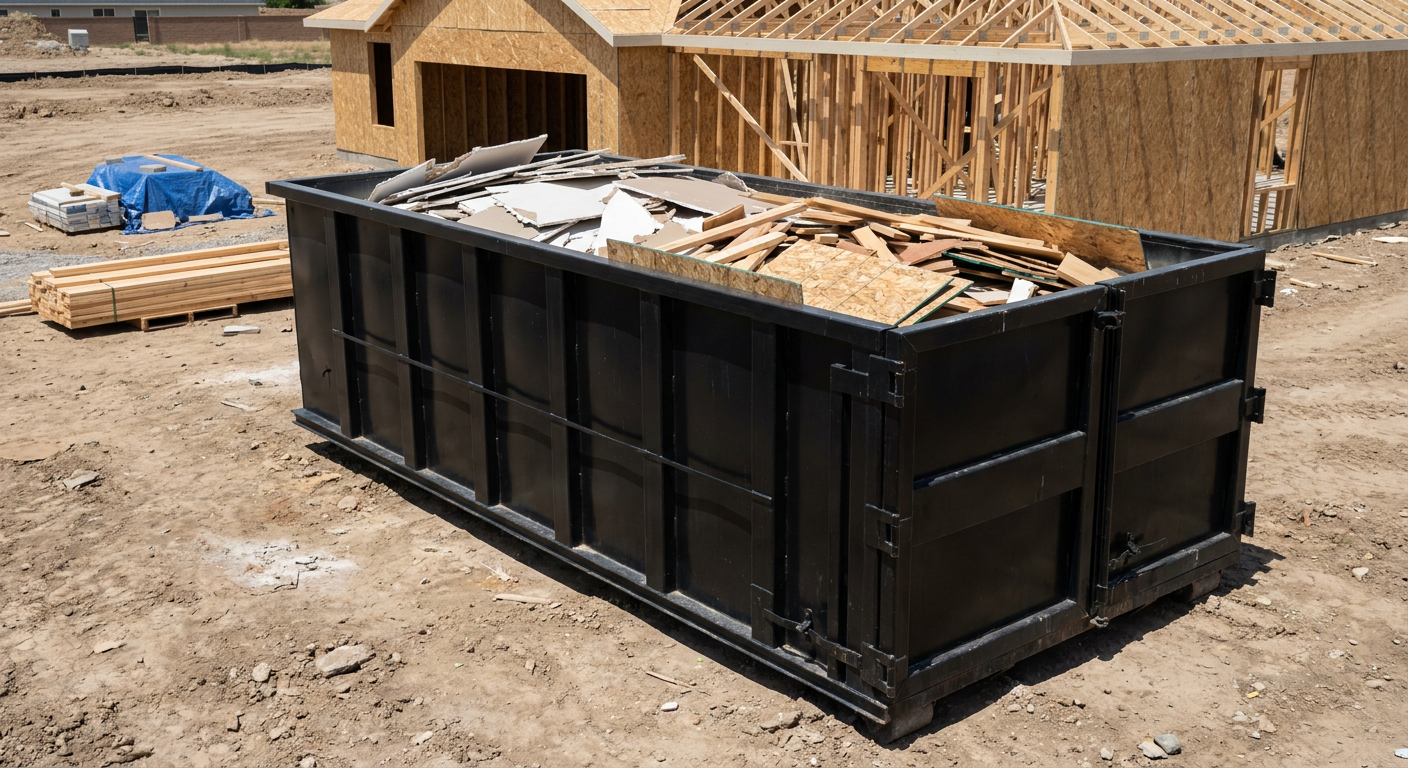 Matte-black 30-yard roll-off construction dumpster sitting directly on the compacted-dirt site of a framed single-family home build in Arlington, drywall and lumber scrap loaded inside.