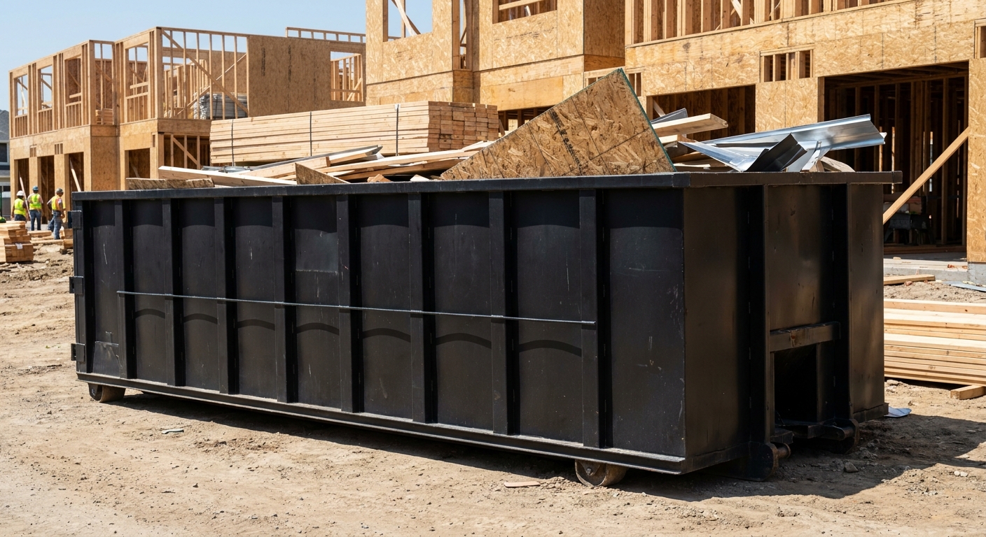 Matte-black 40-yard roll-off construction dumpster being lowered from a white-cab hooklift delivery truck onto the compacted-dirt jobsite at a commercial build site in Arlington