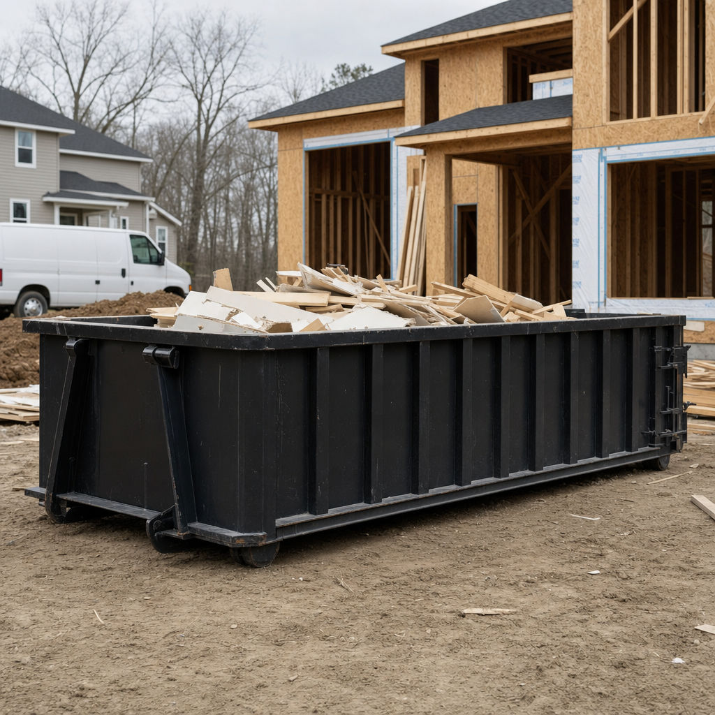 Worker in a yellow high-visibility vest tossing framing lumber and broken drywall into a matte-black 30-yard construction roll-off dumpster on an active build site in Arlington, bright daylight