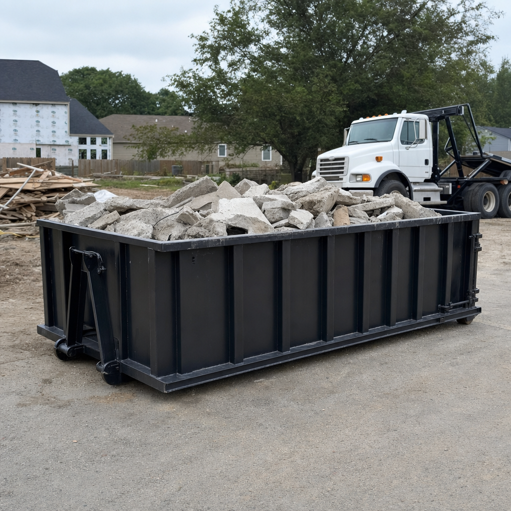 Low-profile matte-black lowboy roll-off dumpster loaded with broken concrete slab and rebar at a foundation tear-out in Arlington, skid steer parked beside it, sunny Colorado morning