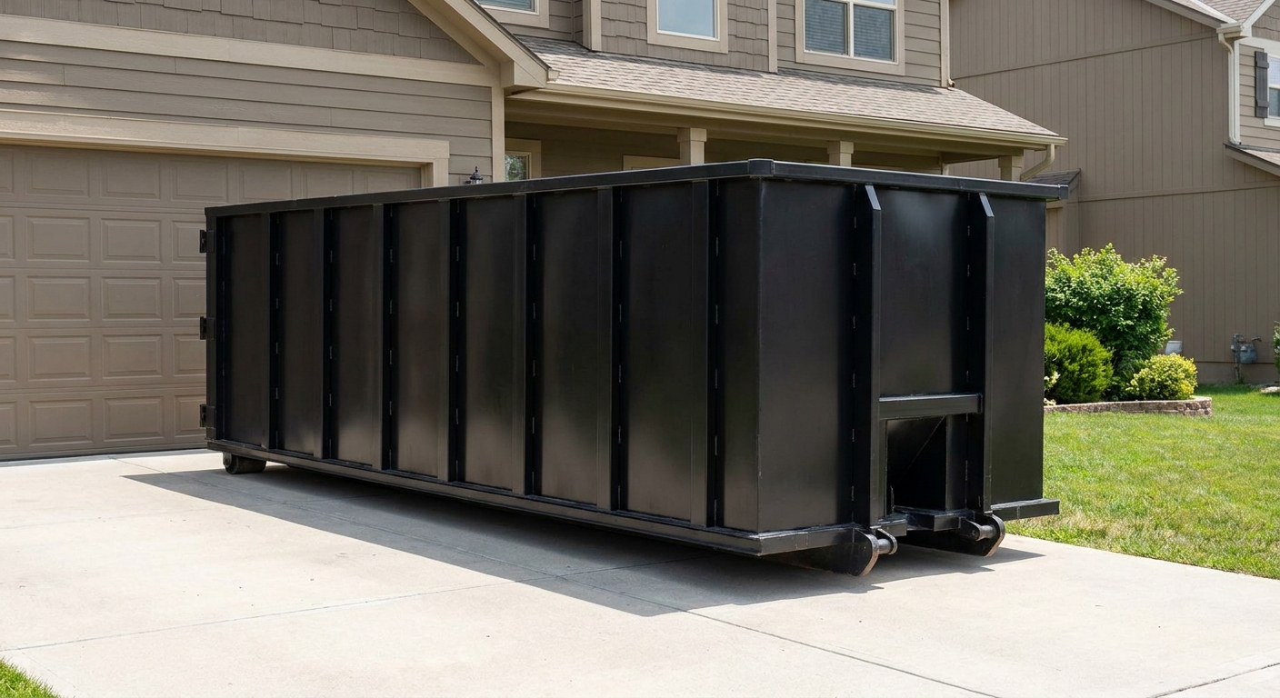 Matte-black residential roll-off dumpster sitting directly on a suburban Arlington concrete driveway, garage door closed, single-family home in background, bright morning daylight.