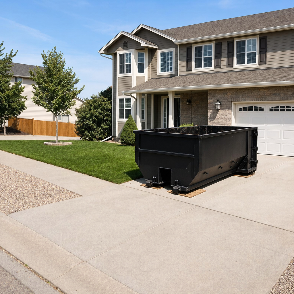 10-yard matte-black residential dumpster placed directly on a narrow Arlington concrete driveway, room remains for a parked sedan beside it, mid-morning natural light