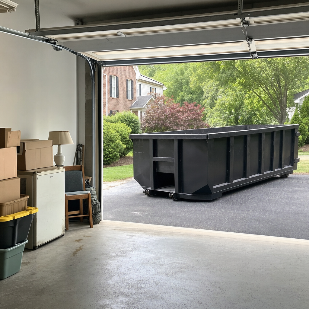 Open garage interior in a Arlington home mid-cleanout — boxed items, an old appliance, and stacked yard tools queued near the driveway for a matte-black roll-off dumpster, organized and calm