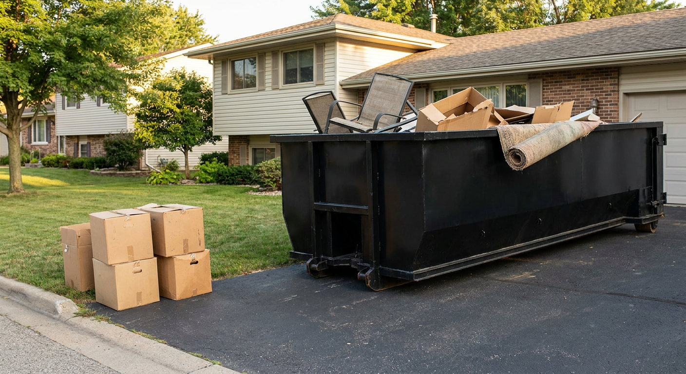 Front-yard view of a Arlington split-level home with a 20-yard matte-black roll-off dumpster sitting directly on the asphalt driveway, a few clearly labeled donation boxes staged at the curb, calm sunny afternoon.