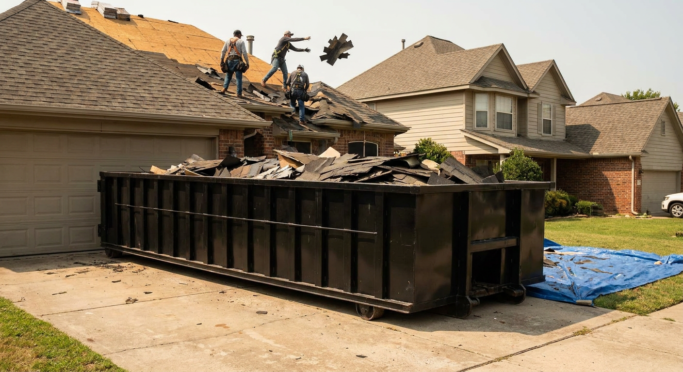 Matte-black roofing roll-off dumpster placed directly on a Arlington residential concrete driveway, a tear-off crew on a two-story asphalt-shingle roof tossing shingle bundles into the low-walled container, bright daylight, documentary 35mm perspective.