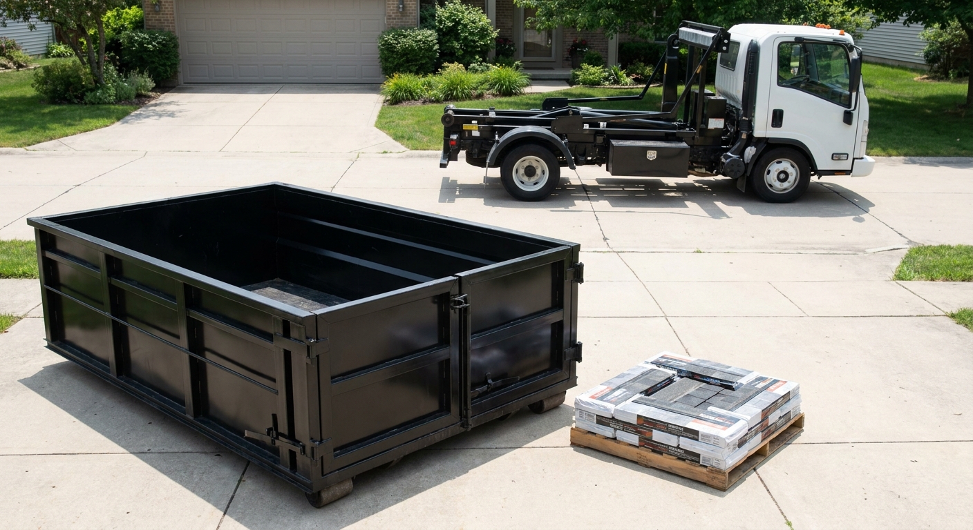 Matte-black 15-yard roofing roll-off dumpster with reinforced low side walls sitting directly on a Arlington residential concrete driveway, three-tab asphalt shingle bundles stacked nearby, an unmarked white hauler truck partially visible at the edge of the frame.