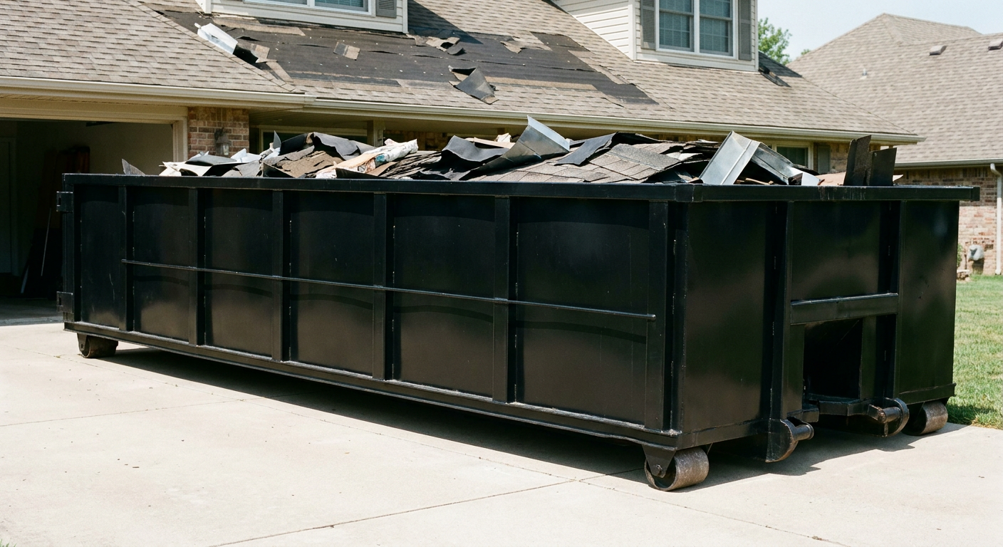 Matte-black 20-yard roofing roll-off dumpster with steel ribbed sides and swinging rear door, sitting directly on the concrete driveway of a two-story Arlington home, asphalt shingle debris being loaded over the low wall, clean documentary lighting.