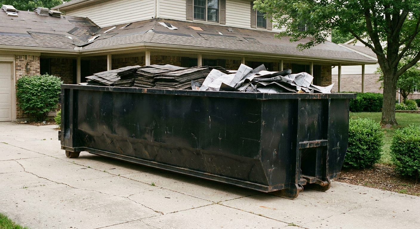 Matte-black 30-yard roofing roll-off dumpster sitting directly on a Arlington concrete driveway, taller ribbed steel side panels, mixed tear-off debris of asphalt shingles and underlayment inside, professional documentary daylight.