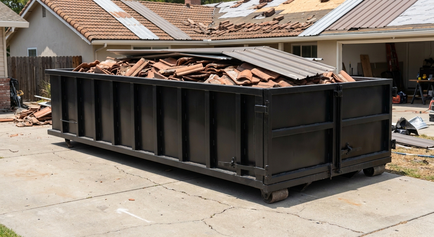 Matte-black low-wall heavy-debris roofing roll-off dumpster sitting directly on a Arlington concrete driveway, broken concrete clay roof tiles and metal panel sections loaded inside, reinforced ribbed steel side walls visible, bright outdoor daylight.