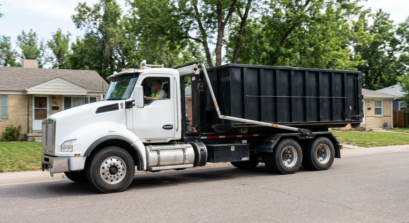 A wide documentary shot of a matte-black roll-off delivery truck pulling onto a quiet Arlington residential street at mid-morning, with neighborhood rooftops and tree-lined blocks visible behind, showing the metro coverage footprint.