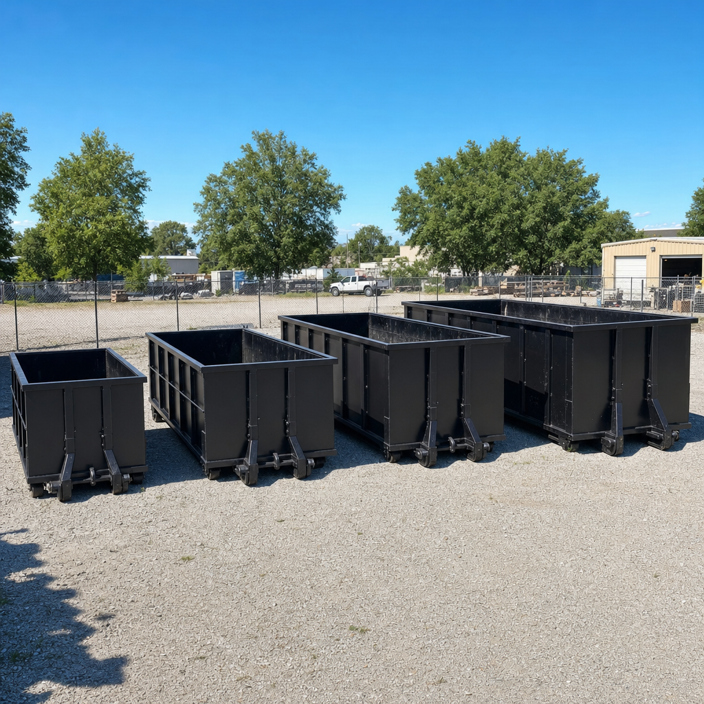A clean lineup of matte-black roll-off dumpsters in 10, 20, 30, and 40-yard sizes staged on a sunlit gravel yard in Arlington, showing the size progression from compact to commercial-scale containers.