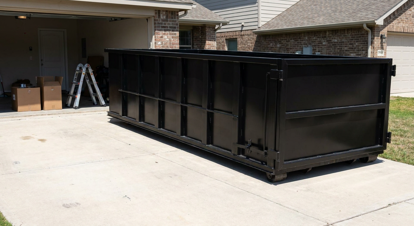 A matte-black 10-yard roll-off dumpster sitting directly on a residential Arlington concrete driveway, mid-day sunlight, clean and ready for a garage cleanout.