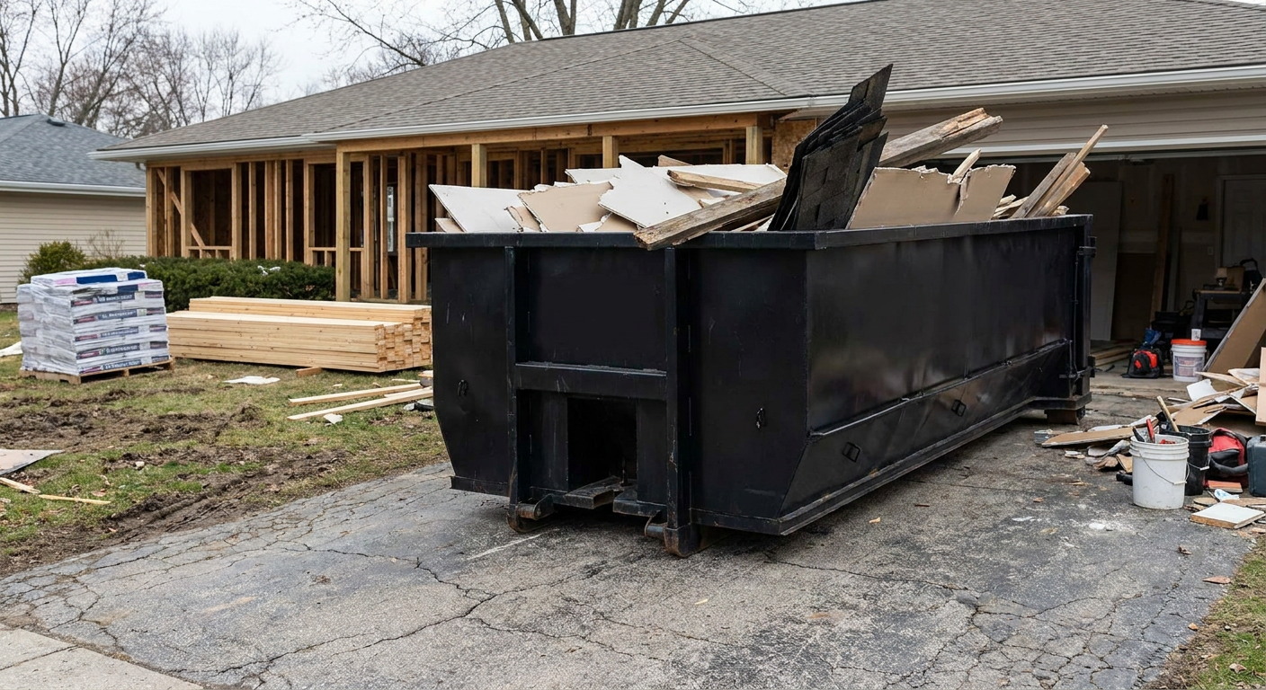 A matte-black 20-yard roll-off dumpster placed alongside a mid-renovation Arlington home directly on the asphalt driveway, with framing materials and torn-off shingles staged neatly nearby.