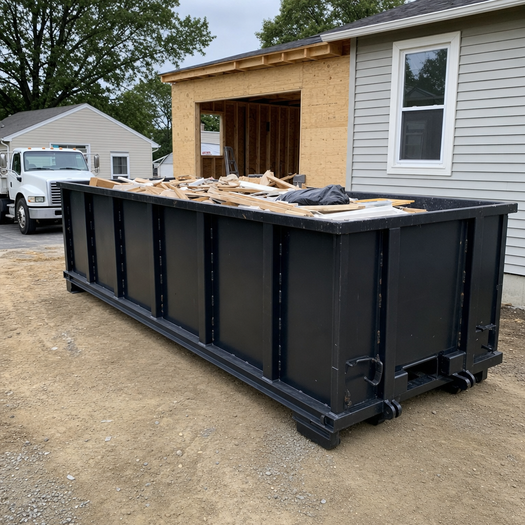A matte-black 30-yard roll-off dumpster positioned at a Arlington residential addition jobsite, with framing lumber and drywall scraps loaded through the open swinging rear doors.