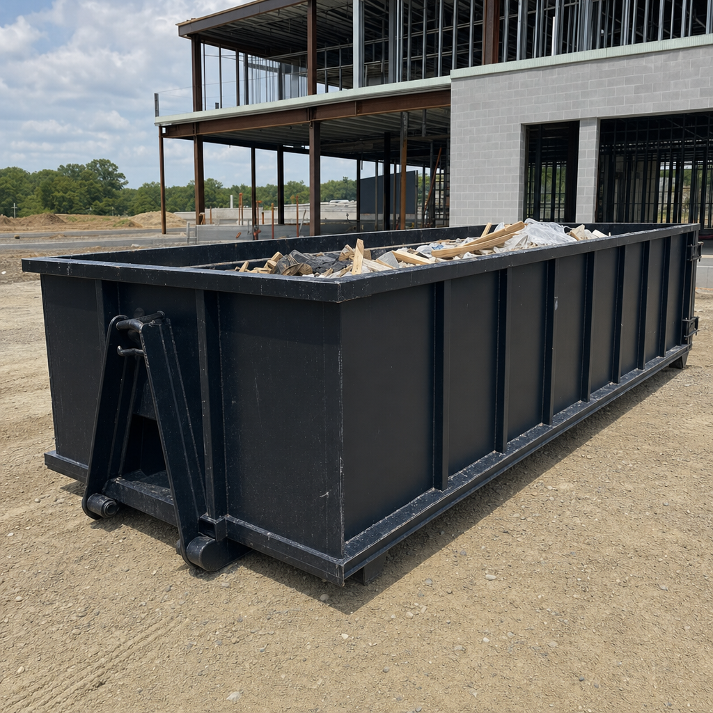 A matte-black 40-yard roll-off dumpster staged on a large Arlington commercial construction lot, with a hooklift delivery truck parked alongside under bright midday sky.