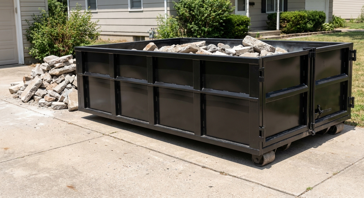 A matte-black low-side heavy-debris roll-off dumpster placed directly on a Arlington concrete driveway, with broken concrete chunks neatly stacked beside it under clean daylight.